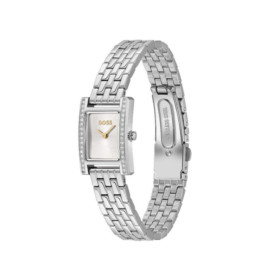A silver-tone Hugo Boss watch with a rectangular face, crystal-embellished bezel, and matching metal link bracelet, shown on a plain white background.