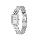 A silver-tone Hugo Boss watch with a rectangular face, crystal-embellished bezel, and matching metal link bracelet, shown on a plain white background.
