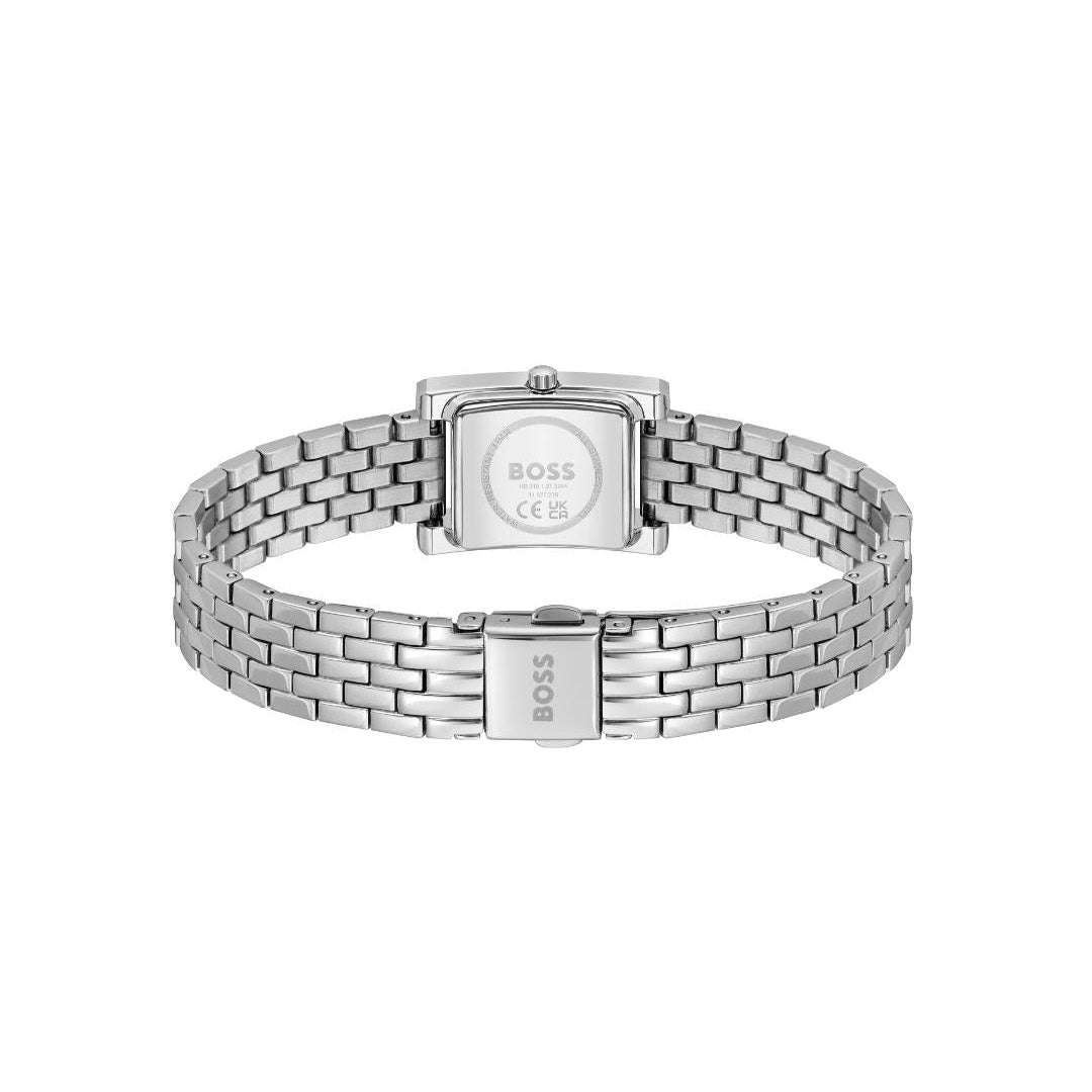 Silver stainless steel watch band with a rectangular case end and a visible BOSS logo on the clasp, shown against a plain white background.