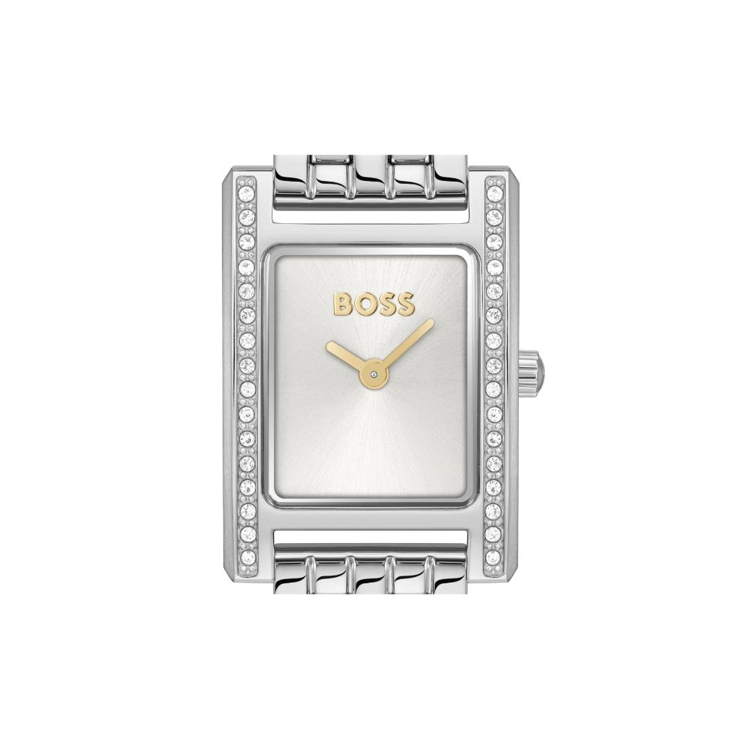 A Hugo Boss women's rectangular analog watch with a silver-tone metal case, crystal-embellished bezel, and gold-tone hands and logo on a white dial, shown against a plain white background.