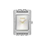 A Hugo Boss women's rectangular analog watch with a silver-tone metal case, crystal-embellished bezel, and gold-tone hands and logo on a white dial, shown against a plain white background.