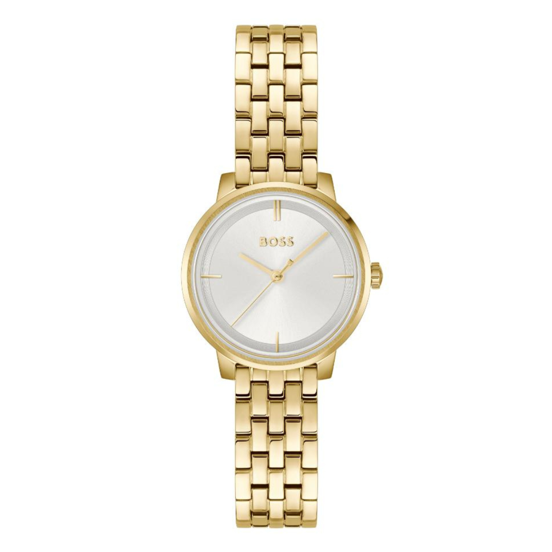A gold-tone BOSS women's watch with a round silver dial and a matching gold-tone link bracelet, shown against a plain white background.