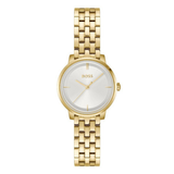 A gold-tone BOSS women's watch with a round silver dial and a matching gold-tone link bracelet, shown against a plain white background.