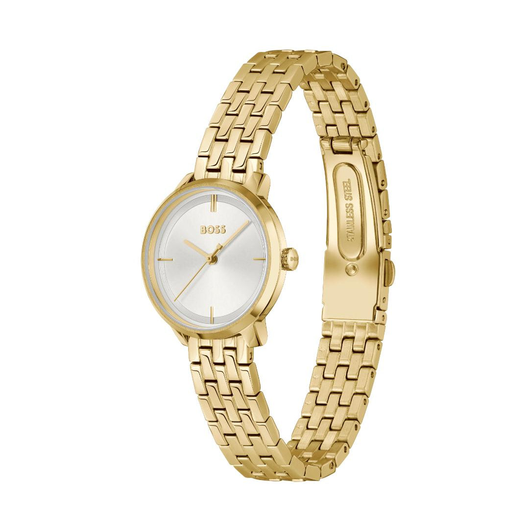 A gold-tone Hugo Boss watch with a white dial and a matching gold-tone link bracelet, shown on a plain white background.