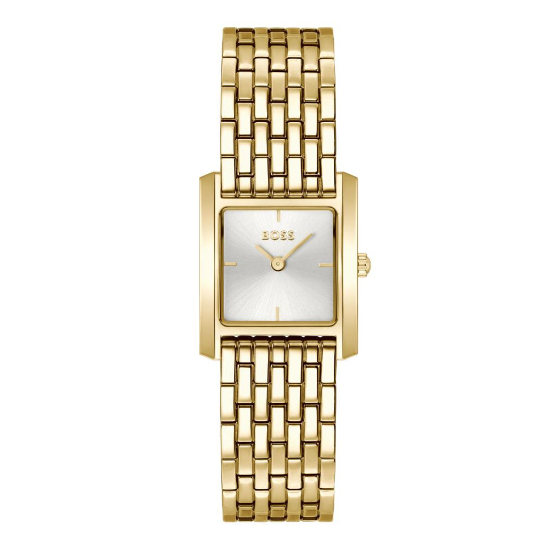 A gold-tone BOSS women's watch with a rectangular silver dial and a matching gold-tone link bracelet, shown against a plain white background.