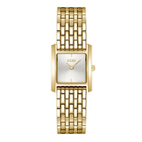 A gold-tone BOSS women's watch with a rectangular silver dial and a matching gold-tone link bracelet, shown against a plain white background.