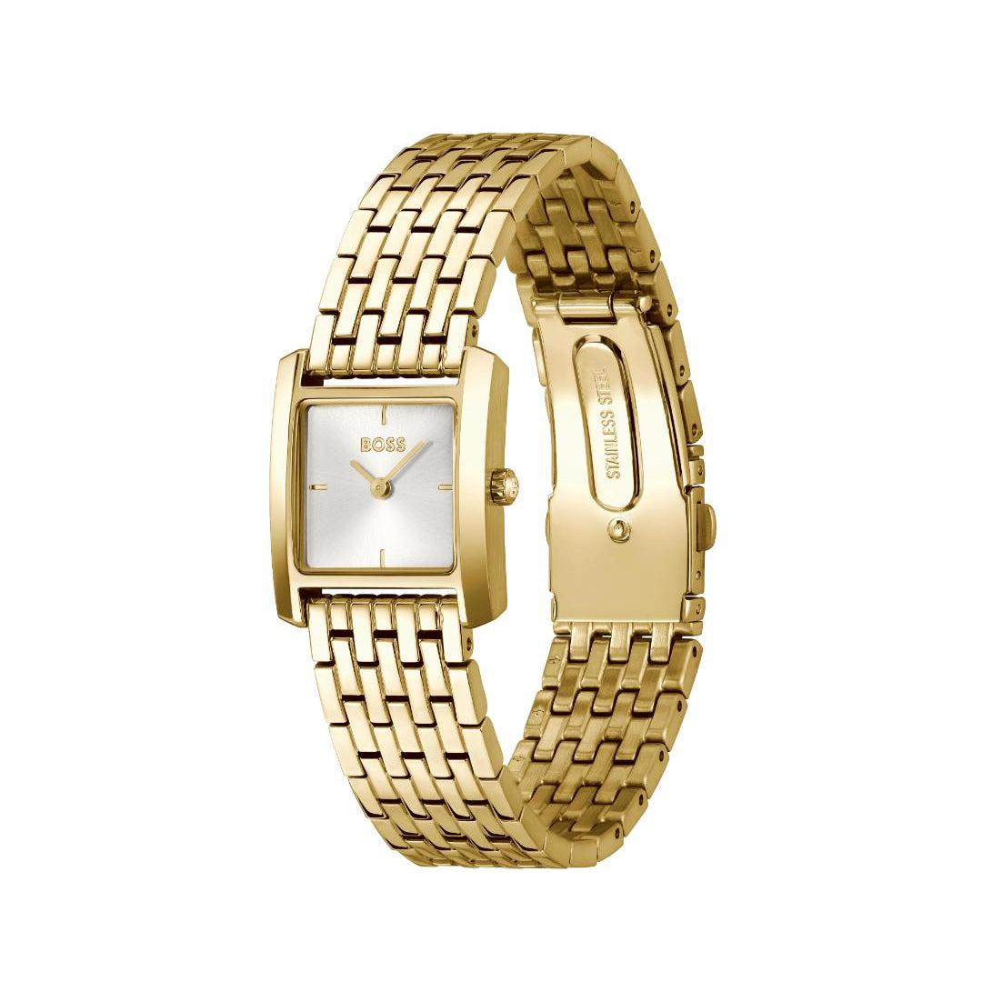 Gold watch with a white face on a white background