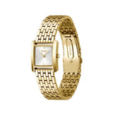 Gold watch with a white face on a white background