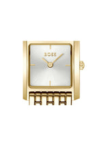 A Hugo Boss women's watch featuring a gold-tone rectangular case, a white sunburst dial with gold-tone hands and markers, and a matching gold-tone link bracelet, shown against a plain white background.