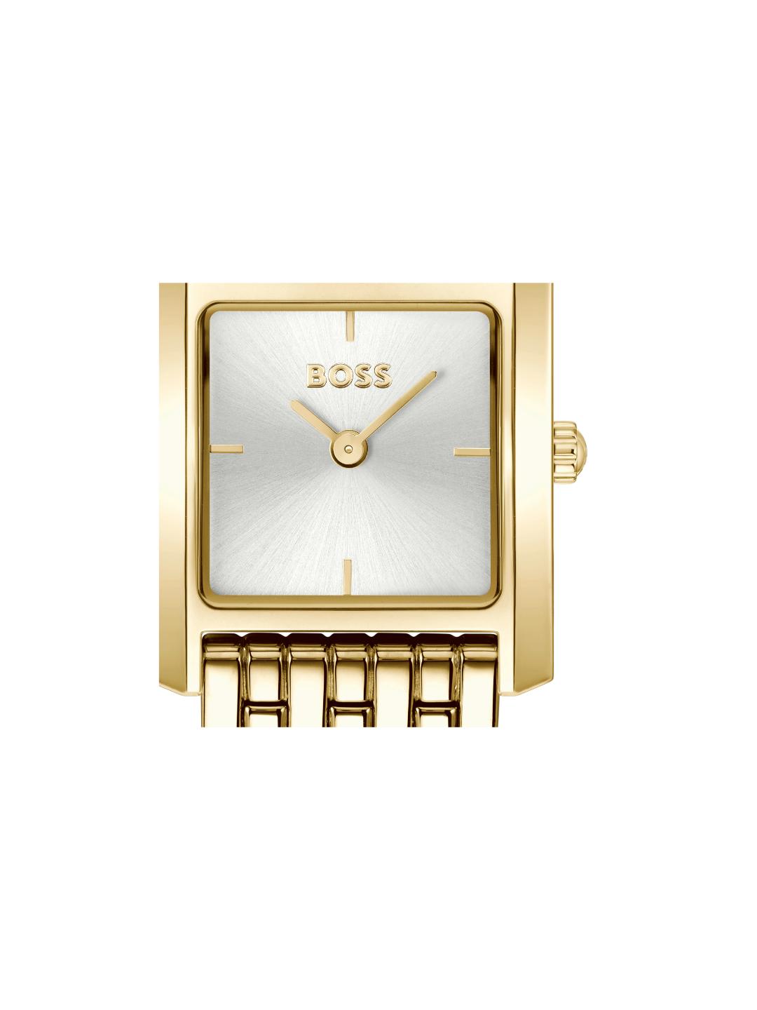 A Hugo Boss women's watch featuring a gold-tone rectangular case, a white sunburst dial with gold-tone hands and markers, and a matching gold-tone link bracelet, shown against a plain white background.