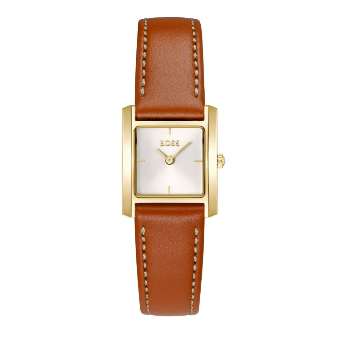 A BOSS women's watch featuring a rectangular gold-tone case, a white dial with gold hands, and a brown leather strap with light-colored contrast stitching.