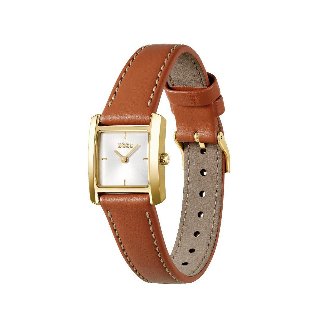 A Hugo watch with a rectangular gold-tone case, white dial, and a brown leather strap with contrast stitching, shown on a plain white background.