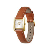 A Hugo watch with a rectangular gold-tone case, white dial, and a brown leather strap with contrast stitching, shown on a plain white background.