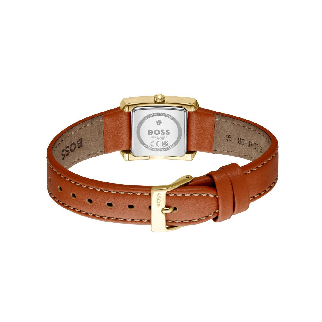 A BOSS women's watch with a brown leather strap and a gold-tone case, shown from the back on a white background.