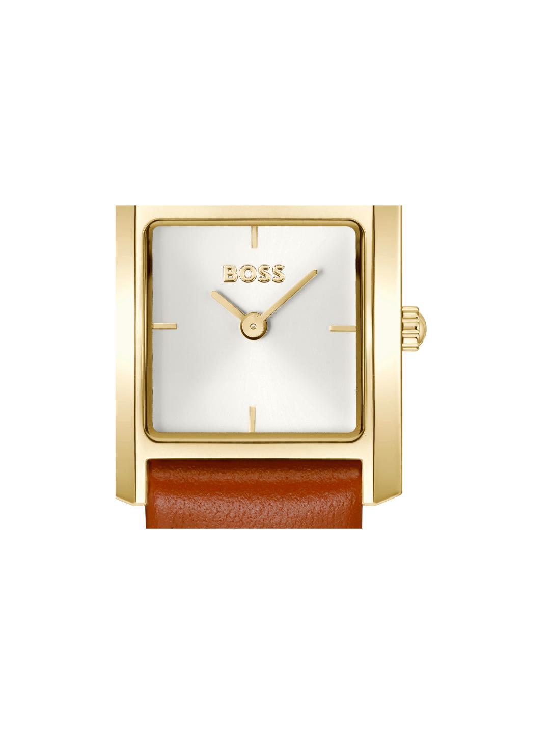 A BOSS watch with a gold-tone rectangular case, white dial, and brown leather strap, shown against a plain white background.