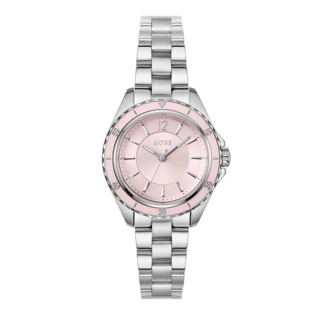 A Hugo Boss women's watch featuring a silver stainless steel link bracelet, a silver bezel with a pink inner ring, and a light pink dial with silver indices.