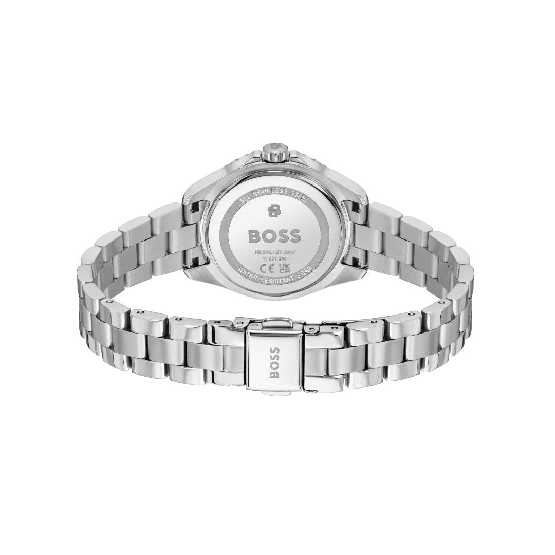 Silver stainless steel watch band with a round case, shown from the back on a plain white background. The back of the case features a brushed silver BOSS logo, and the clasp is engraved with 'BOSS'.