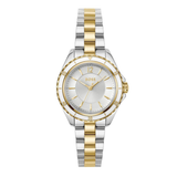 A BOSS women's two-tone stainless steel and gold watch with a silver dial, gold-tone hands and markers, and a matching two-tone metal link bracelet, shown on a plain white background.