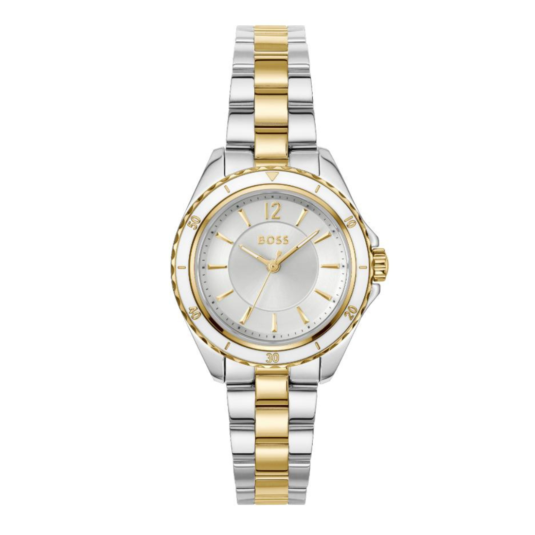 A BOSS women's two-tone stainless steel and gold watch with a silver dial, gold-tone hands and markers, and a matching two-tone metal link bracelet, shown on a plain white background.