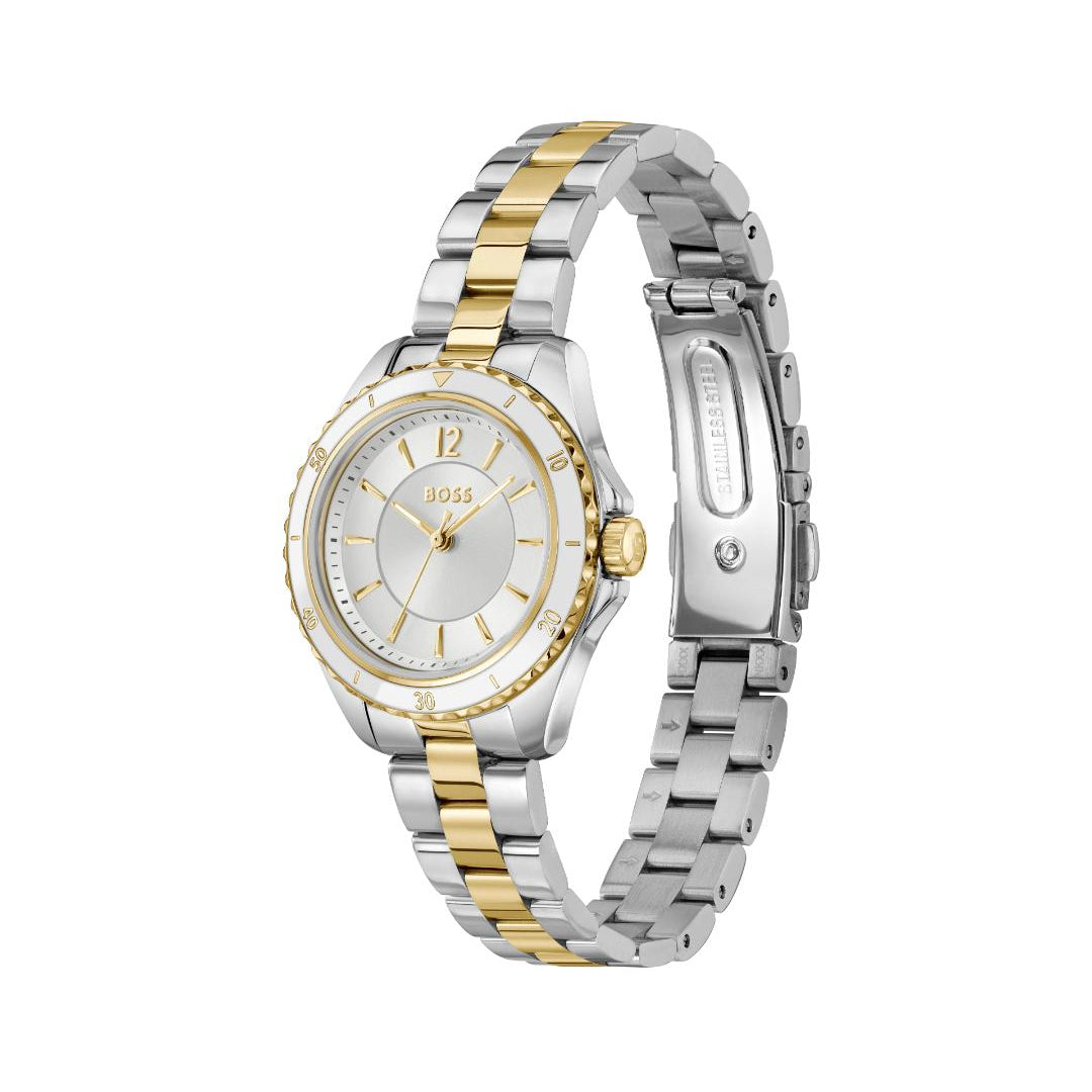 A two-tone stainless steel and gold wristwatch with a silver and gold link bracelet, a white dial, and a gold bezel, shown on a plain white background.