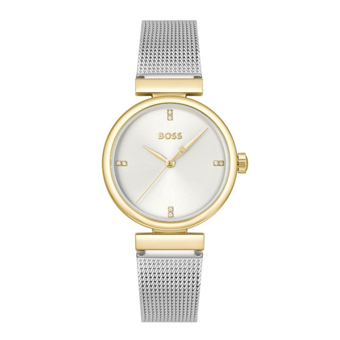 A BOSS women's analog watch featuring a round gold-tone case, a white dial with gold-tone hands and hour markers, and a silver-tone mesh strap, shown against a plain white background.