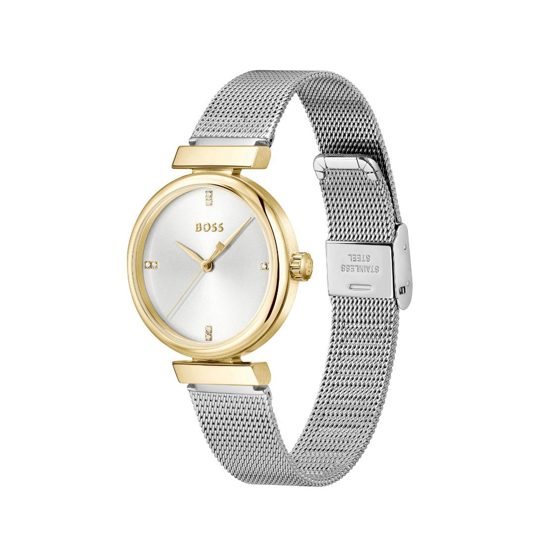 A Hugo Boss women's watch featuring a round gold-tone case, a white dial with gold-tone hands and indices, and a silver-tone stainless steel mesh strap.