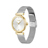 A Hugo Boss women's watch featuring a round gold-tone case, a white dial with gold-tone hands and indices, and a silver-tone stainless steel mesh strap.