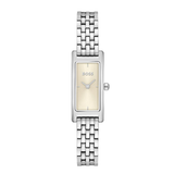 A Hugo Boss women's analog watch with a silver-toned rectangular case, a cream-colored dial, and a matching silver-toned link bracelet, shown against a plain white background.
