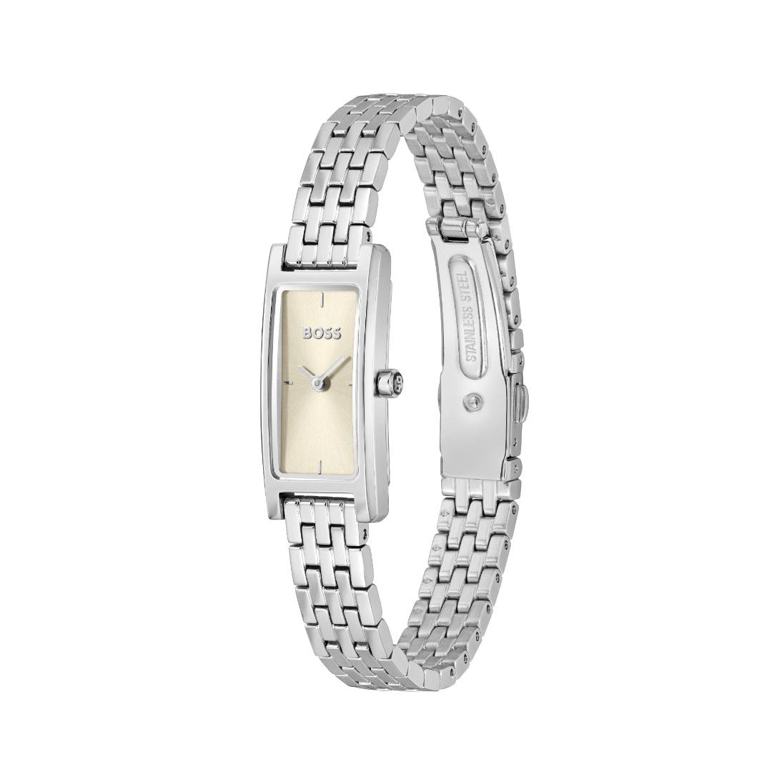 A Hugo Boss women's watch featuring a silver-tone rectangular case and a matching silver-tone link bracelet, with a cream-colored dial, shown against a plain white background.