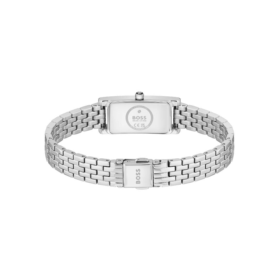 Silver-tone stainless steel watch band with a rectangular case end and a polished clasp, shown on a plain white background. The band is engraved with 'BOSS'.