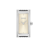 A Hugo Boss women's watch featuring a slim rectangular silver-tone stainless steel case, a cream-colored dial with silver hands and markers, and a matching silver-tone metal bracelet.