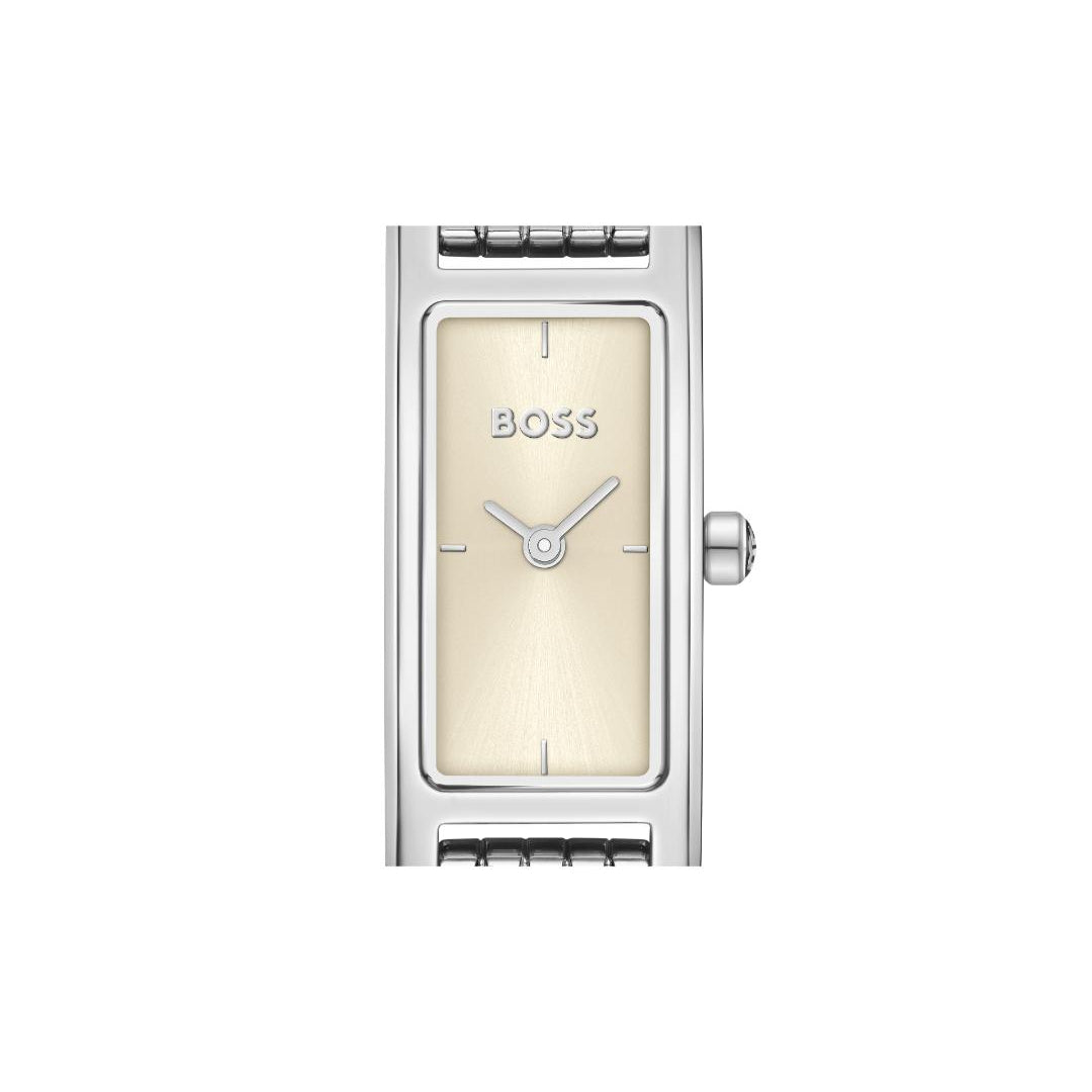 A Hugo Boss women's watch featuring a slim rectangular silver-tone stainless steel case, a cream-colored dial with silver hands and markers, and a matching silver-tone metal bracelet.