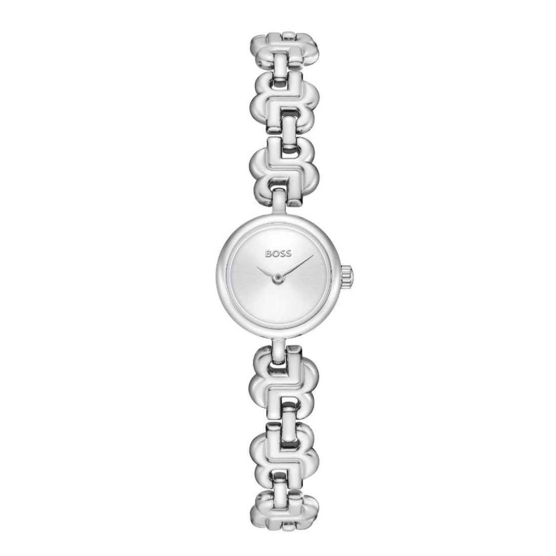A silver BOSS women's watch featuring a distinctive interlocking link bracelet and a minimalist silver dial.