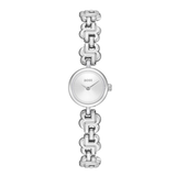 A silver BOSS women's watch featuring a distinctive interlocking link bracelet and a minimalist silver dial.