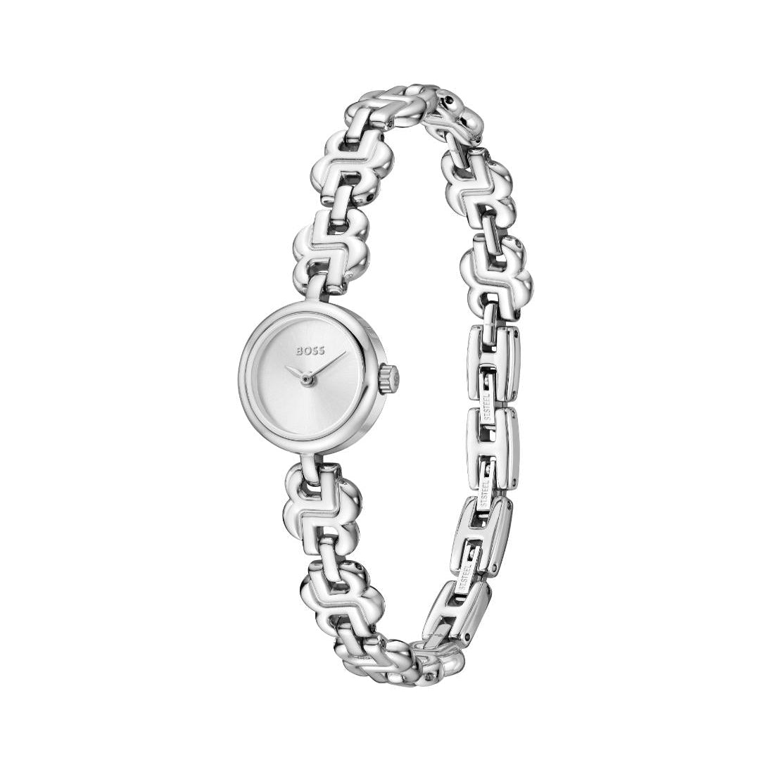 A silver-tone HUGO watch with a round silver dial and a matching interlocking link bracelet, shown on a plain white background.