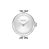 A minimalist silver BOSS watch with a round silver dial, matching silver hands, and a silver link bracelet, shown against a plain white background.