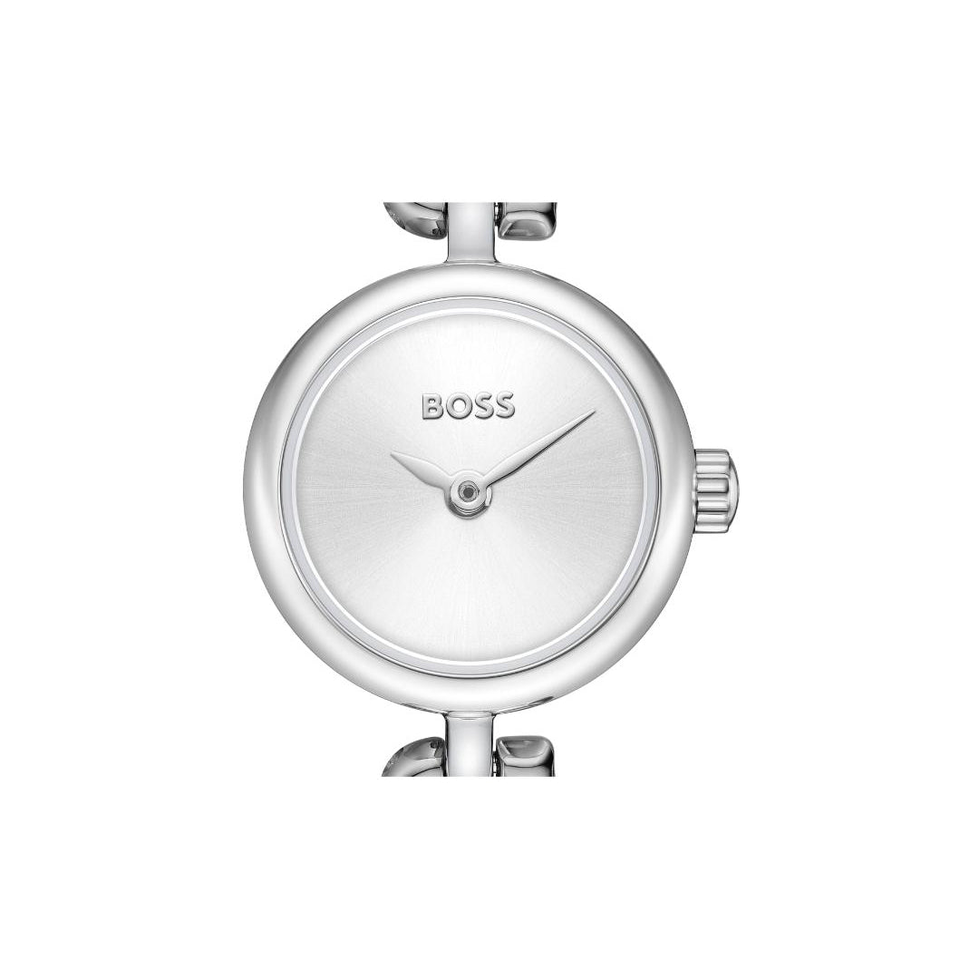 A minimalist silver BOSS watch with a round silver dial, matching silver hands, and a silver link bracelet, shown against a plain white background.