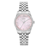 A BOSS women's watch featuring a silver stainless steel link bracelet, a silver bezel encrusted with clear rhinestones, and a pink mother-of-pearl dial with silver-tone hands and Roman numeral XII.