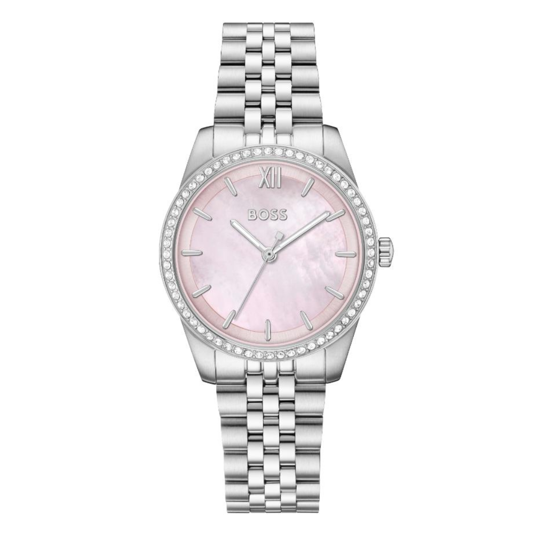 A BOSS women's watch featuring a silver stainless steel link bracelet, a silver bezel encrusted with clear rhinestones, and a pink mother-of-pearl dial with silver-tone hands and Roman numeral XII.