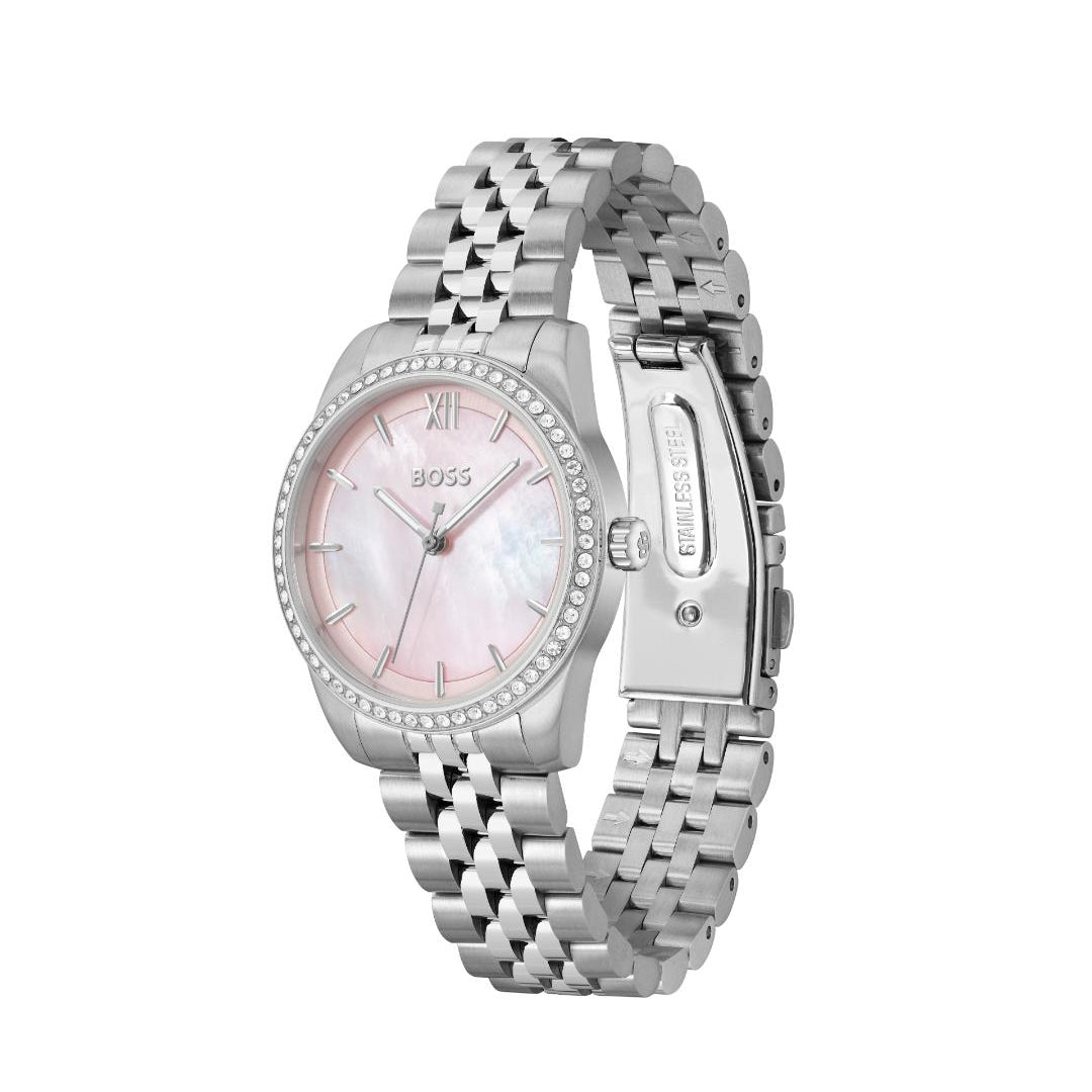 A Hugo Boss women's watch featuring a silver stainless steel link bracelet, a bezel set with clear crystals, and a mother-of-pearl dial with a soft pink tone.
