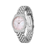 A Hugo Boss women's watch featuring a silver stainless steel link bracelet, a bezel set with clear crystals, and a mother-of-pearl dial with a soft pink tone.
