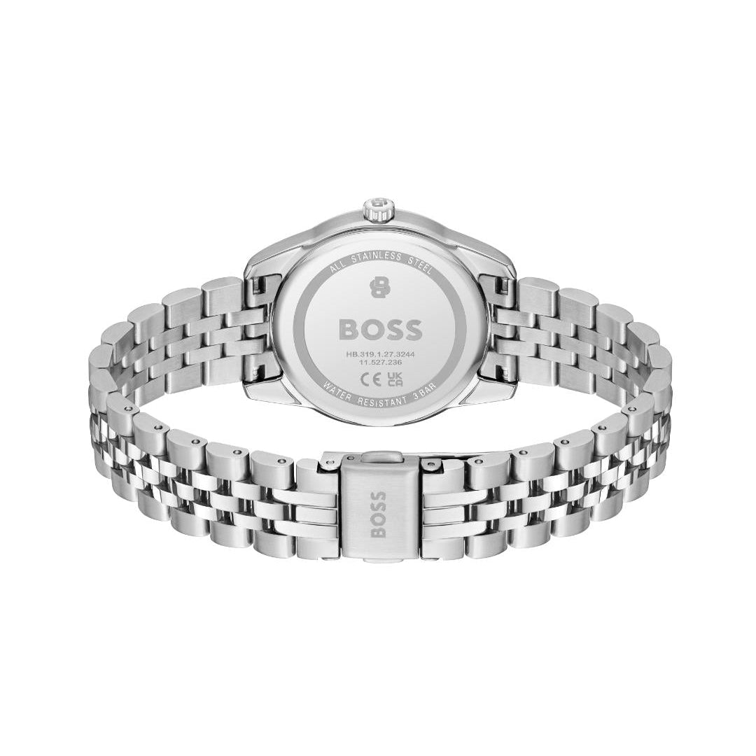 A BOSS women's watch featuring a round silver-tone stainless steel case, a bezel encrusted with clear rhinestones, and a pale pink mother-of-pearl dial with silver-tone hands and Roman numeral XII.