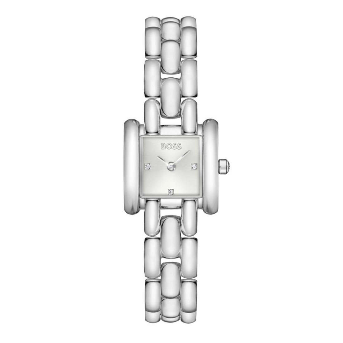 A silver BOSS women's watch with a rectangular silver-tone case, a matching silver dial with crystal hour markers, and a multi-link chain bracelet, shown against a plain white background.