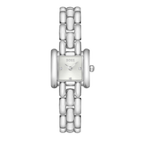 A silver BOSS women's watch with a rectangular silver-tone case, a matching silver dial with crystal hour markers, and a multi-link chain bracelet, shown against a plain white background.