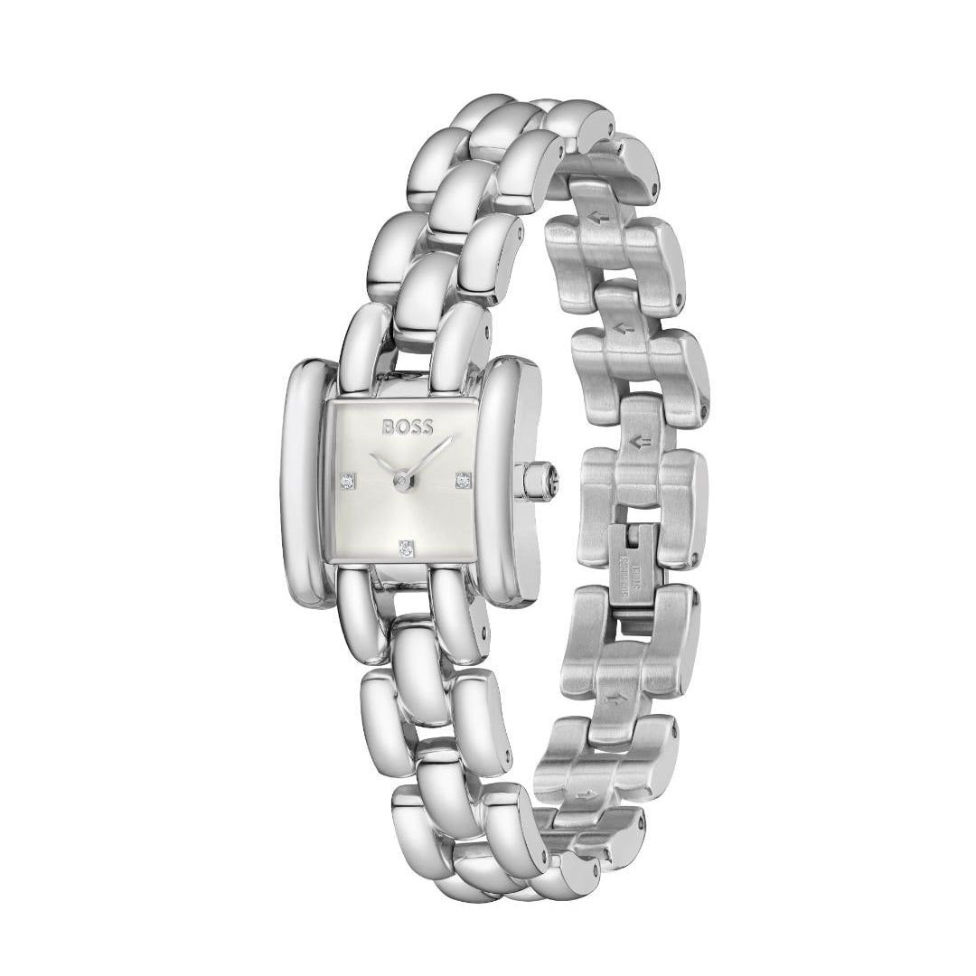 A silver-tone stainless steel watch by HUGO BOSS with a rectangular case and a matching link bracelet, shown on a plain white background.