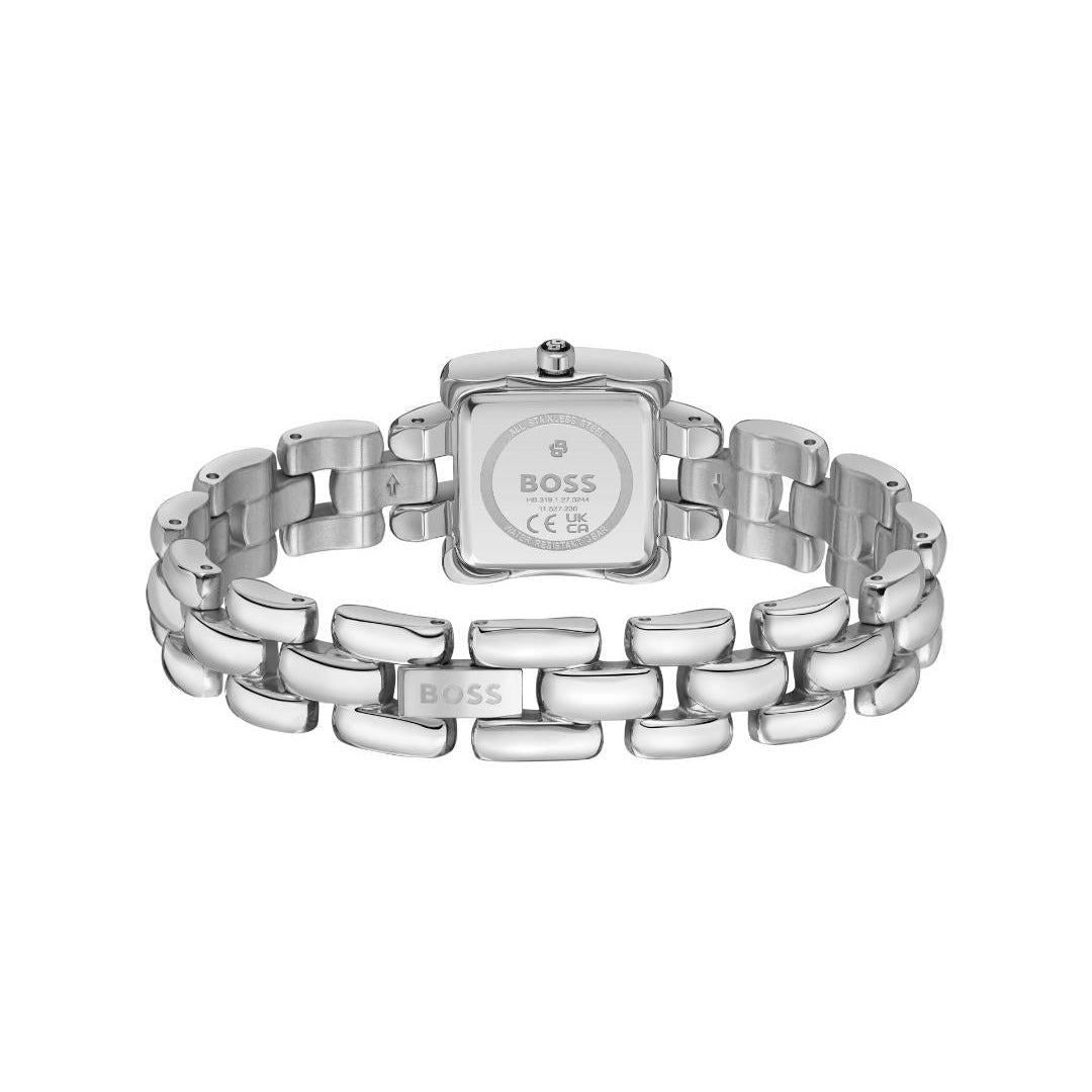 Silver-tone stainless steel women's watch with a square case and integrated link bracelet, shown from the back on a white background.