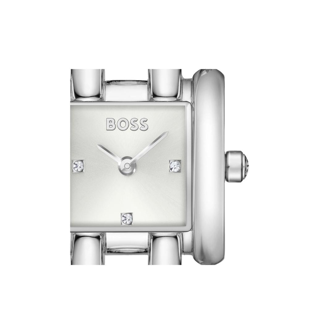 A silver-tone BOSS watch with a rectangular dial, bezel, and link bracelet, featuring small crystal accents on the face, shown against a plain white background.