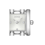 A silver-tone BOSS watch with a rectangular dial, bezel, and link bracelet, featuring small crystal accents on the face, shown against a plain white background.