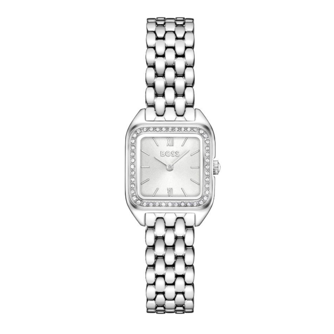 A silver-tone women's watch with a rectangular bezel set with small clear stones, a white dial with Roman numeral hour markers, and a matching metal link bracelet, shown on a plain white background.