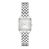 A silver-tone women's watch with a rectangular bezel set with small clear stones, a white dial with Roman numeral hour markers, and a matching metal link bracelet, shown on a plain white background.